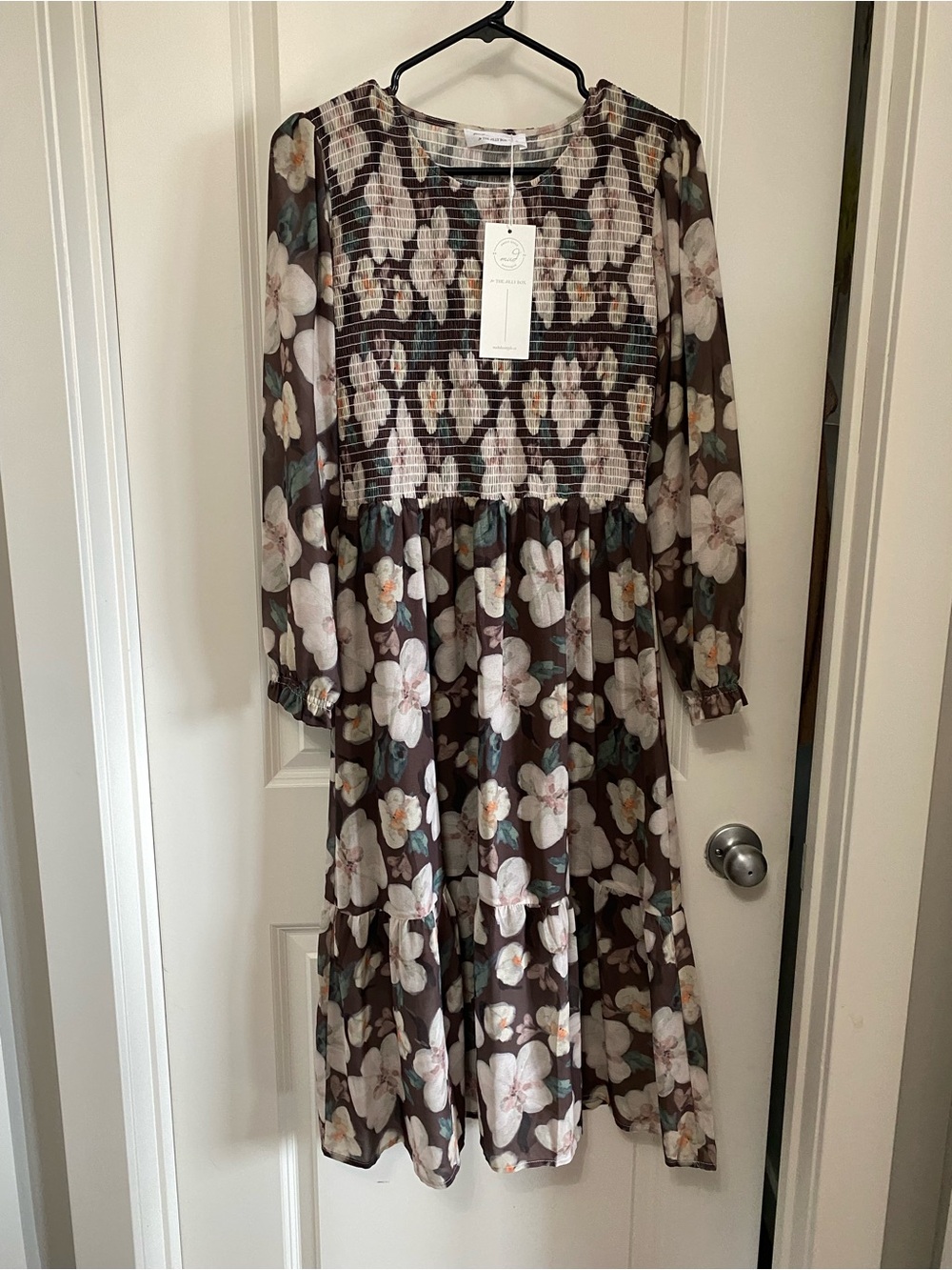 Floral Smocked Midi Dress in Brown and Cream for the JillyBox